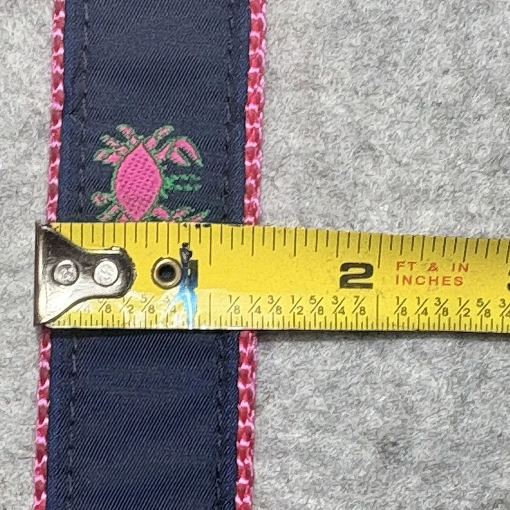 Leather Man USA Crab D Ring Ribbon Belt Pink Navy Preppy Needlepoint Medium